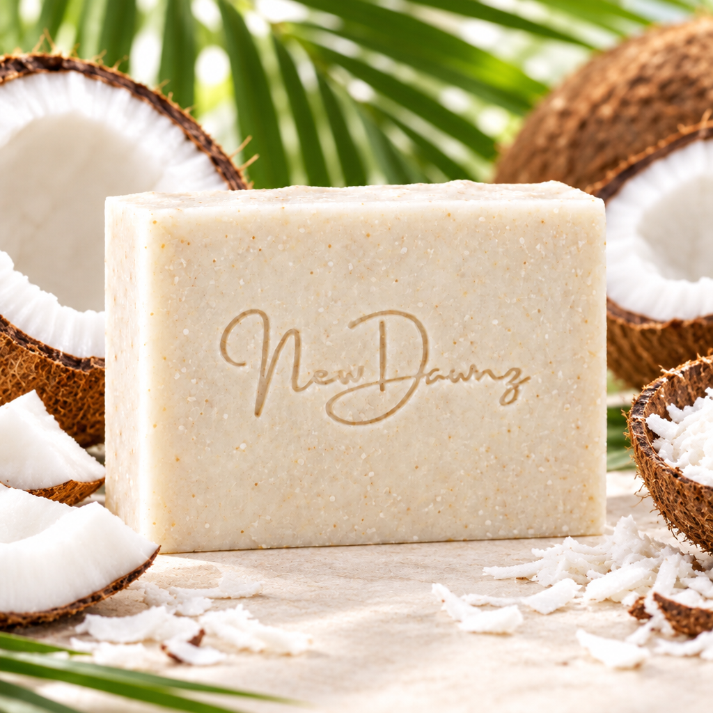A rectangular bar of cream-colored soap with visible speckles and the brand name 'New Dawn' embossed on the front, set against a soft marble background.